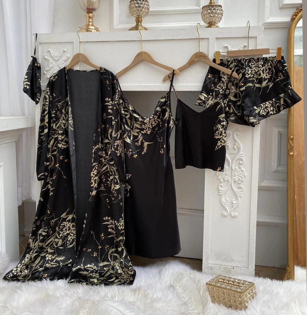 2023 Printed bathrobe pajamas, summer 4-piece set, women's sexy kimono