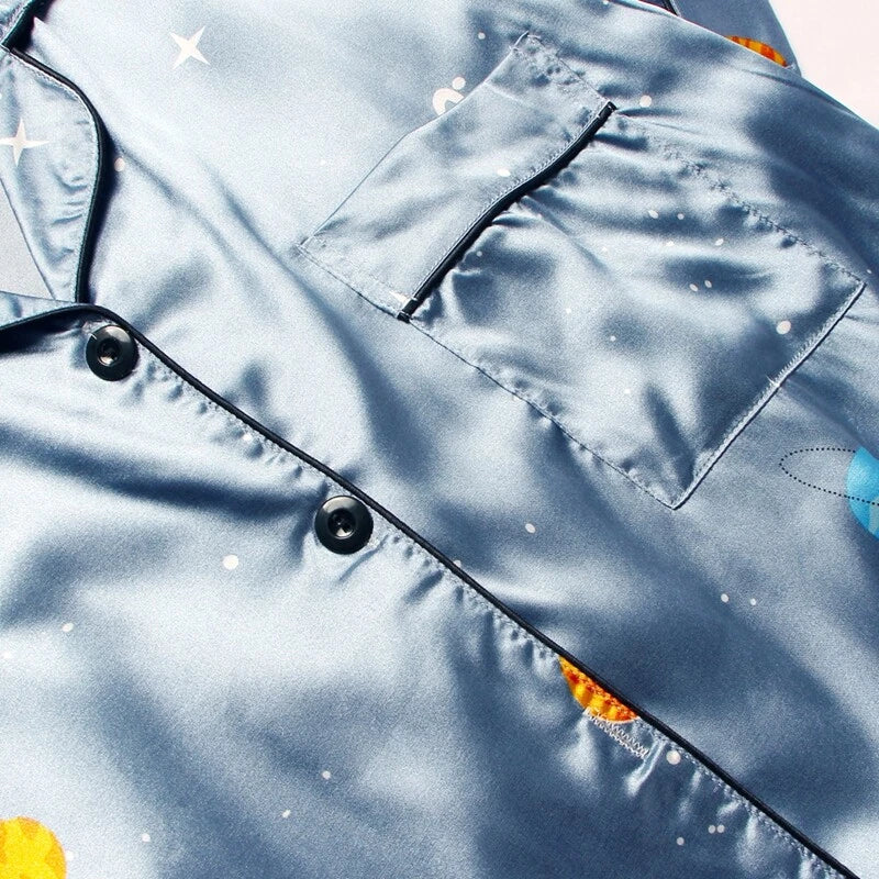 Women's Silk Satin Pajamas Set Short Sleeve Print Sleepwear Nightwear Pyjamas PJ