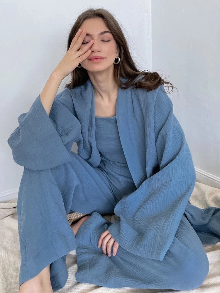 100% cotton women's nightgown pajamas set flared pajamas trousers set 2pcs
