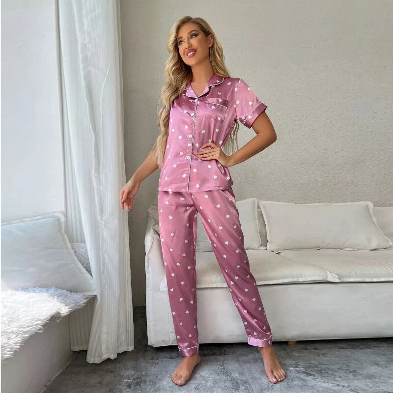 Women's Silk Satin Pajamas Set Short Sleeve Print Sleepwear Nightwear Pyjamas PJ