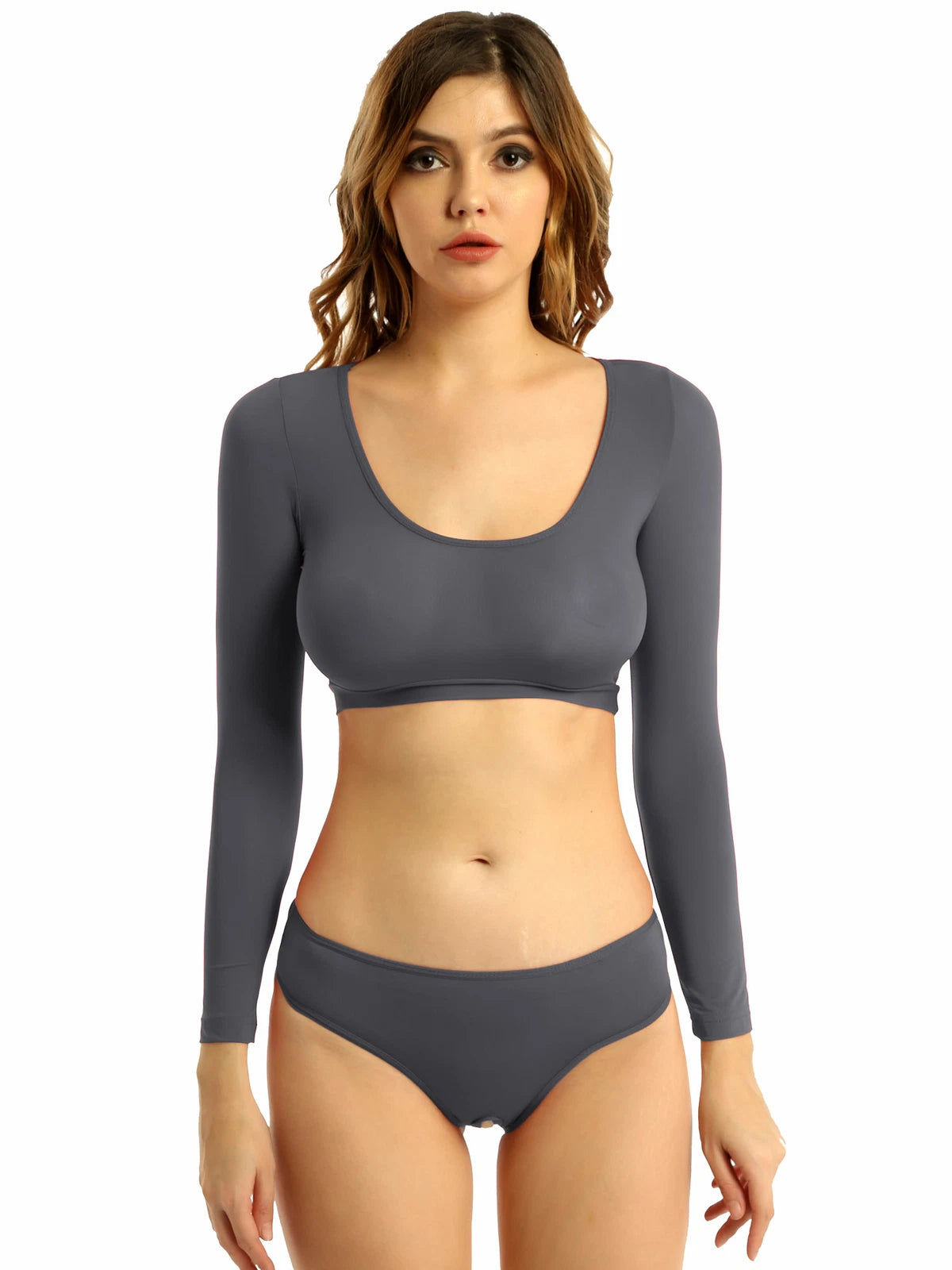 Womens Two-piece Underwear Lingerie Babydoll Long Sleeve Crop Top Brief Clubwear