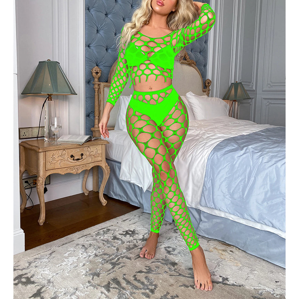 Womens Lingerie Sets Hollow Out See-Through Fishnet Nightwear Crop Top Leggings
