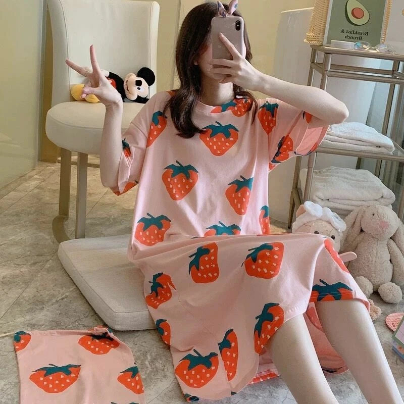 Summer Women's Sleep Shirt Dress Short Sleeve Cotton Casual Nightwear Pajama Set