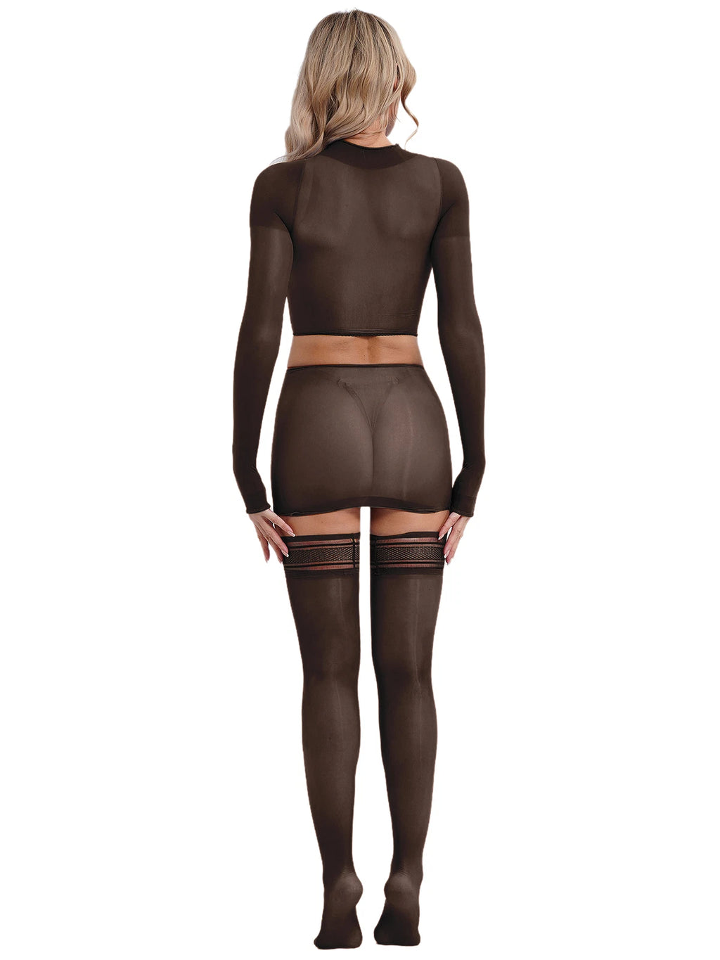 Womens Crop Top And Skirt With Stockings Round Neck Nightwear Tempting Glossy