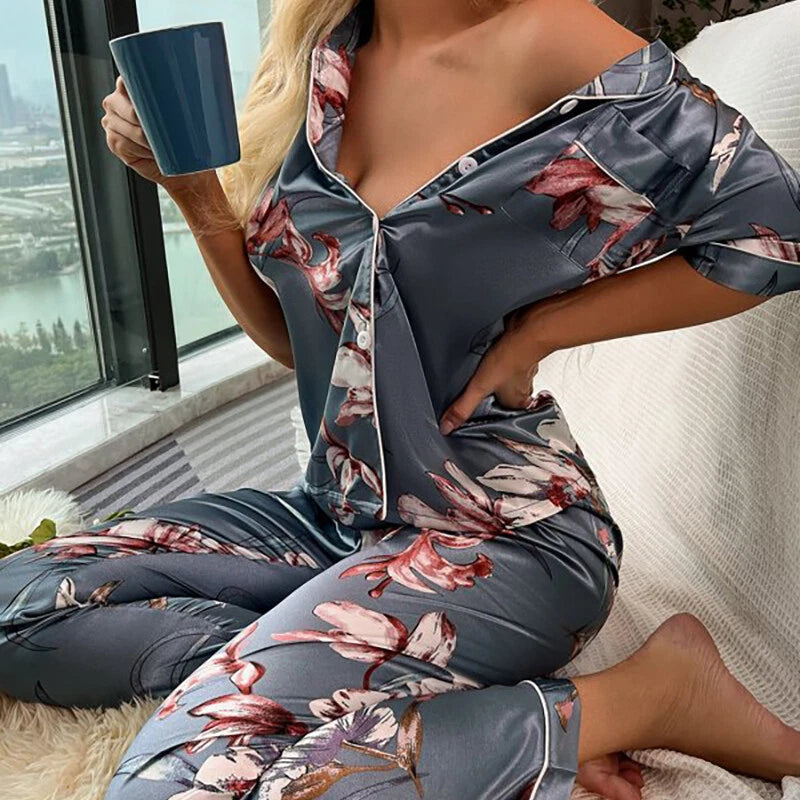Women's Silk Satin Pajamas Set Short Sleeve Print Sleepwear Nightwear Pyjamas PJ