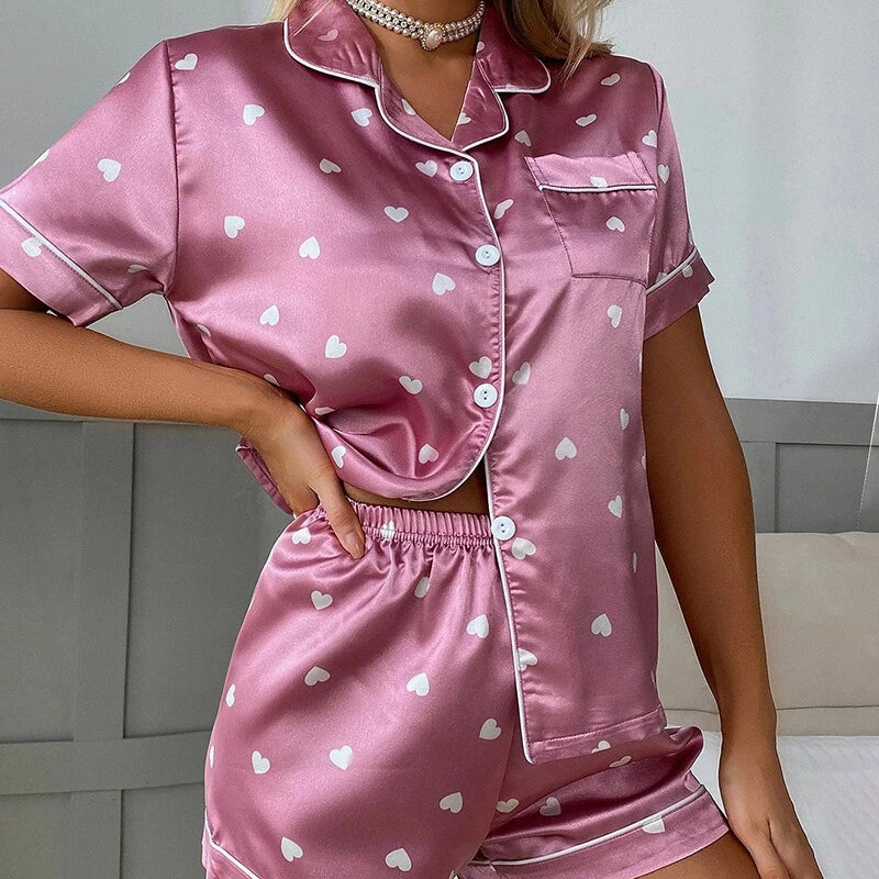 Women's Short Sleeve Silk Pajamas Set Print Satin Sleepwear Homewear Nightwear