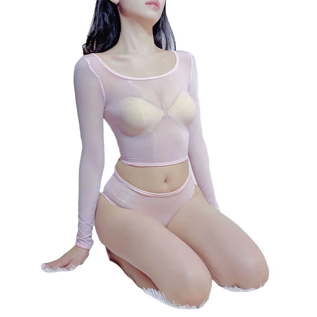 Womens Crop Top With Briefs Mid Waist Nightwear Long Sleeve Tops And Panties