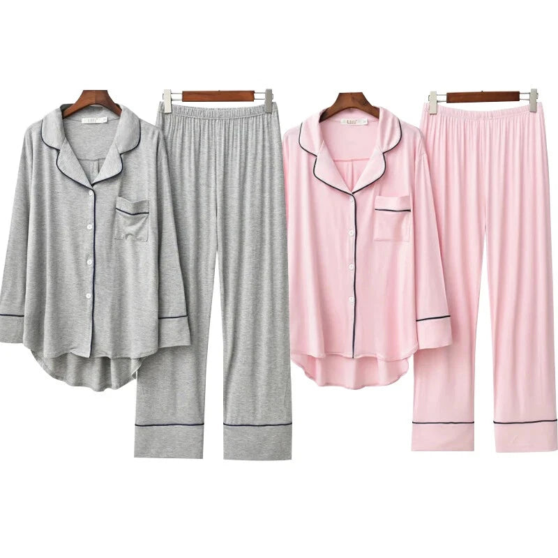 2PCS Pajama Sets Women Long Sleeve Solid Loose Breathable Soft Lady Suit Womens