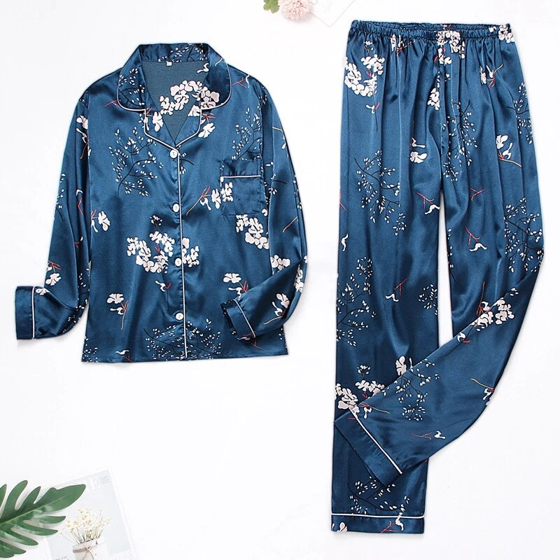 Women Silk Satin Pajamas Set Long Sleeve Button-Down Sleepwear Loungewear Charm