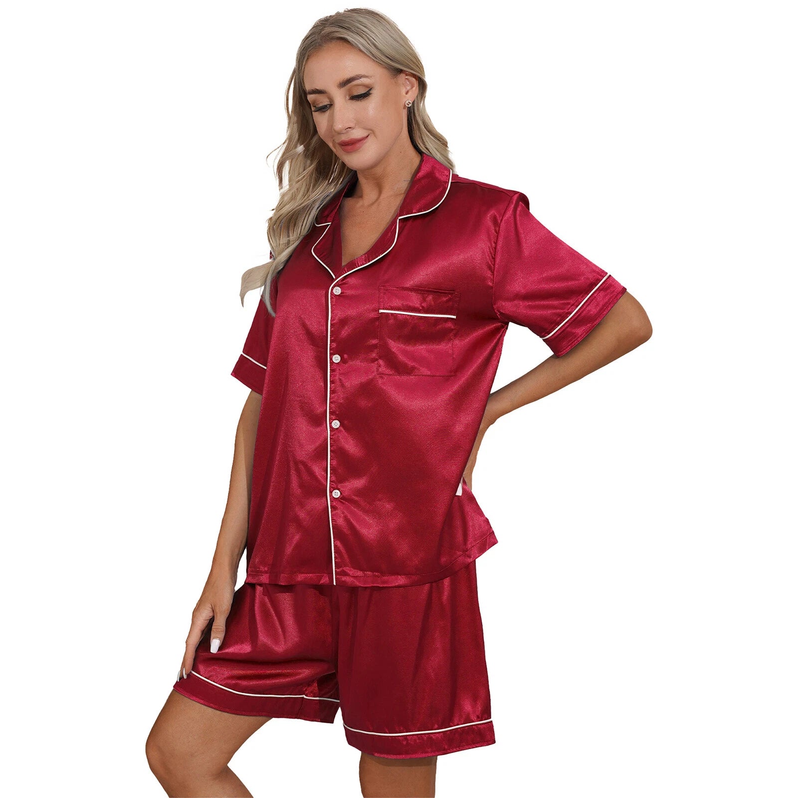 AU Women's Satin Pajamas Short Sleeve Top with Shorts Sleepwear Loungewear Set