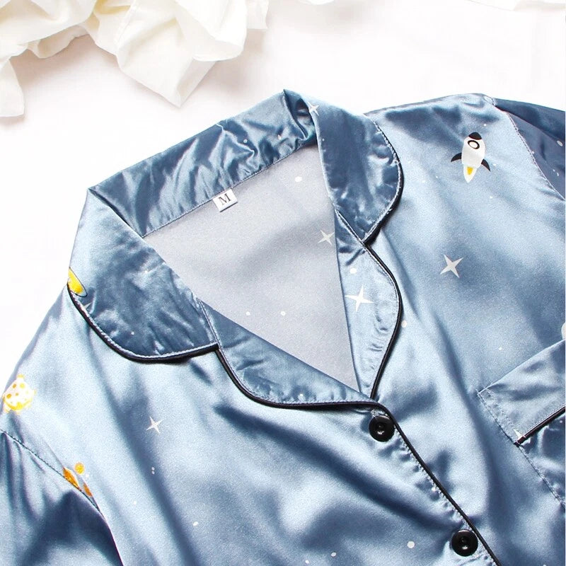 Women's Silk Satin Pajamas Set Short Sleeve Print Sleepwear Nightwear Pyjamas PJ