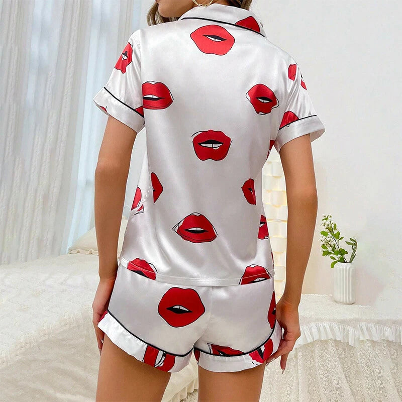 Women's Short Sleeve Silk Pajamas Set Print Satin Sleepwear Homewear Nightwear