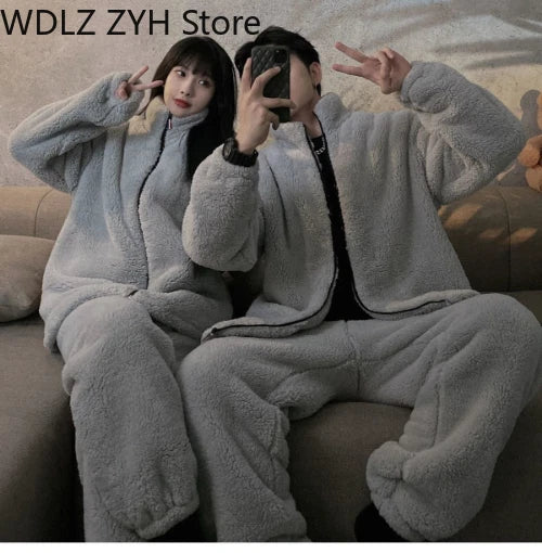 Pajamas Women Coral Fleece Homewear Suit Couple Men Velvet Warm Soft Pajamas Set