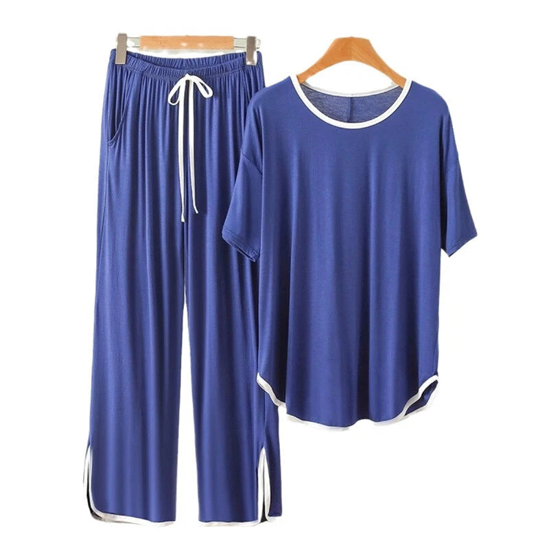 Large Size 3XL 150KG Summer Women Pajamas Set Short Sleeve Tops+ Pants Sleepwear