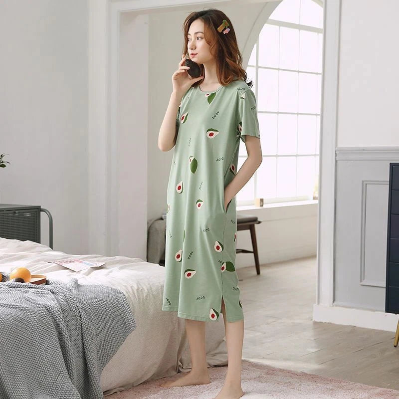 Summer Women's Sleep Shirt Dress Short Sleeve Cotton Casual Nightwear Pajama Set