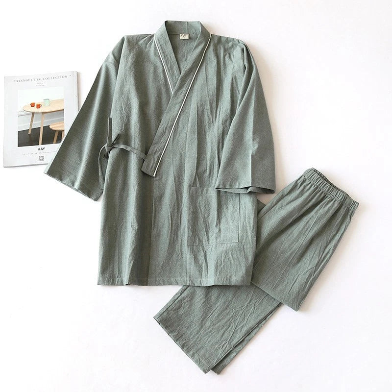 Women 100% Cotton Pajamas Japanese Kimono Robe Top+Pants Sleepwear Nightgown Set