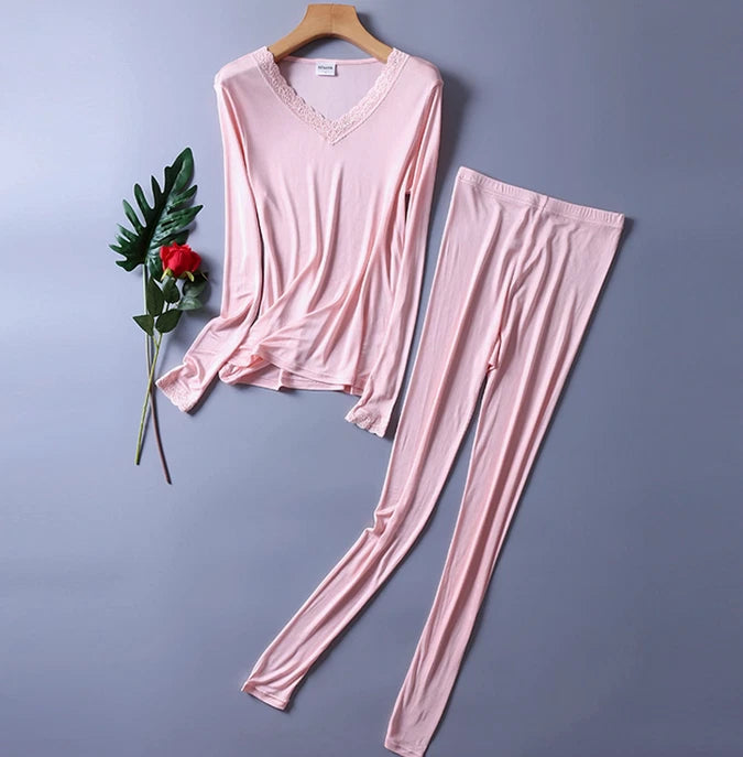 Women Silk Thermal Lace Long Johns Top & Bottom Set Soft Mulberry Silk Underwear
