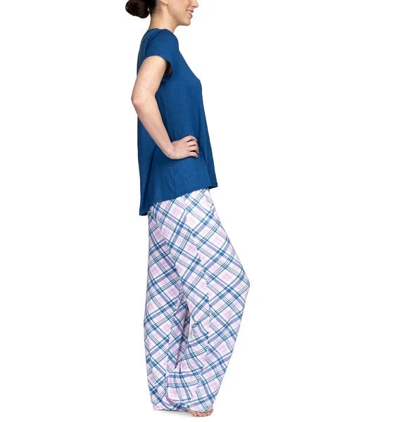 Hanes Women's 2pc super-soft lush luxe Pajama Set Blue Plaid, Pink/Geo L