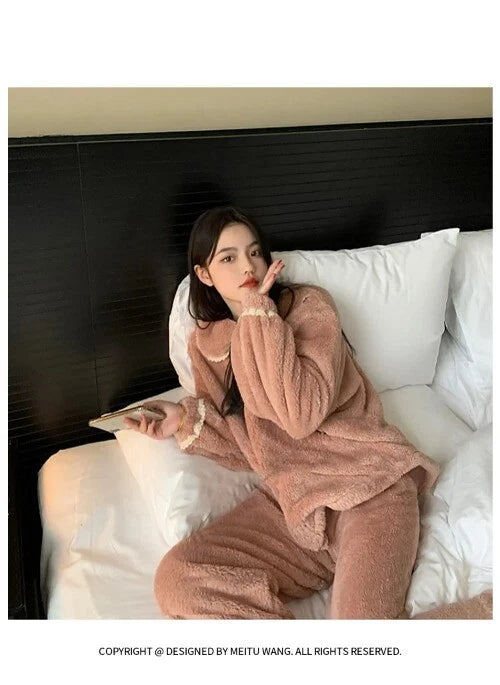2 Pieces /Sets Winter Pajamas  Flannel Coral Long Sleeve  Suit Kawaii Velvet