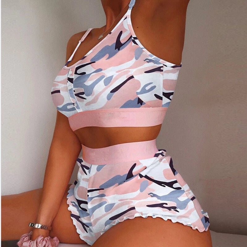 Womens Lingerie Floral Printing Sexy Pajamas Set Soft Leisure Vest Crop Shorts
