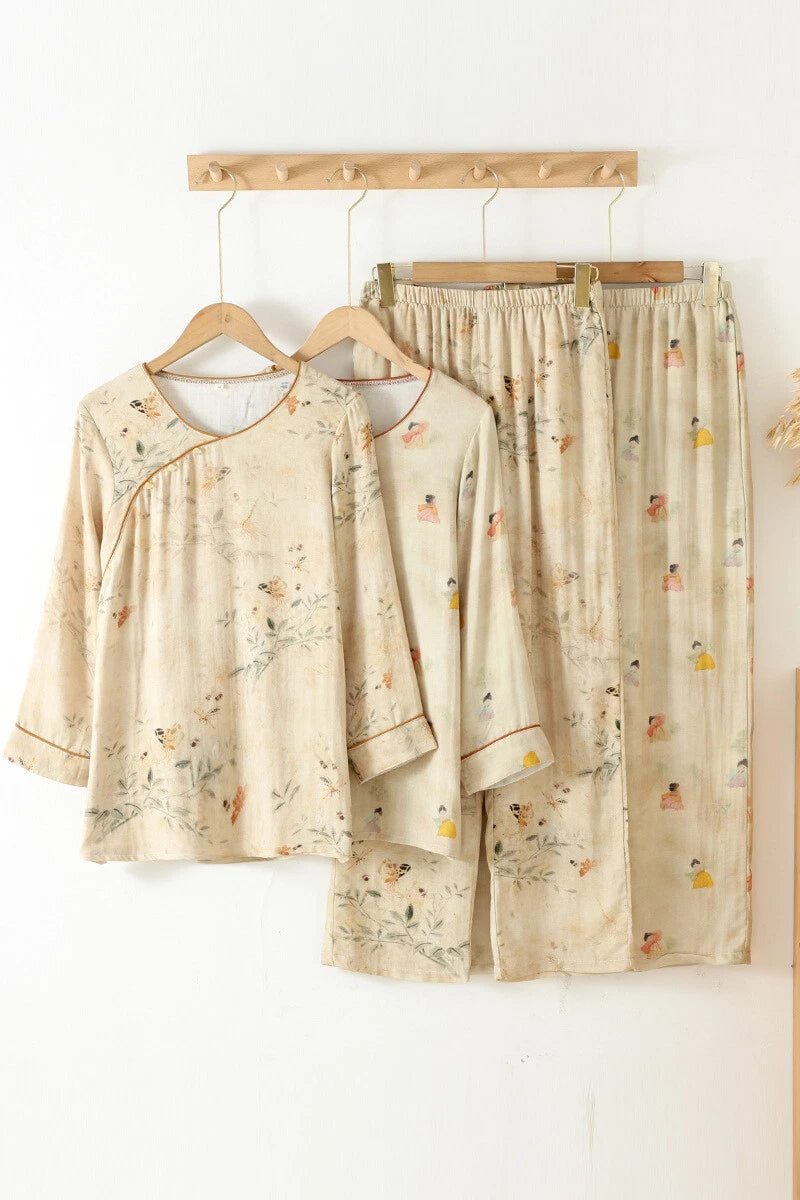 Chinese style Women's Bamboo Fiber Hanfu Summer Long Sleeved Topa & Pants Set