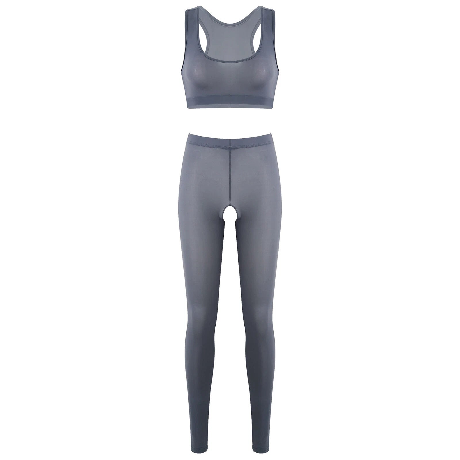 Women 2pcs Lingerie Set Sleeveless Crop Top High Waist Crotchless Leggings Pants