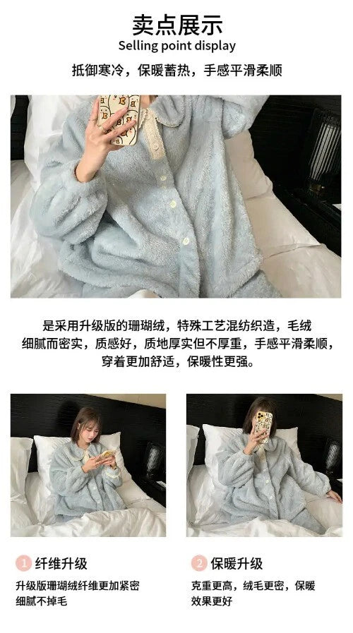 2 Pieces /Sets Winter Pajamas  Flannel Coral Long Sleeve  Suit Kawaii Velvet