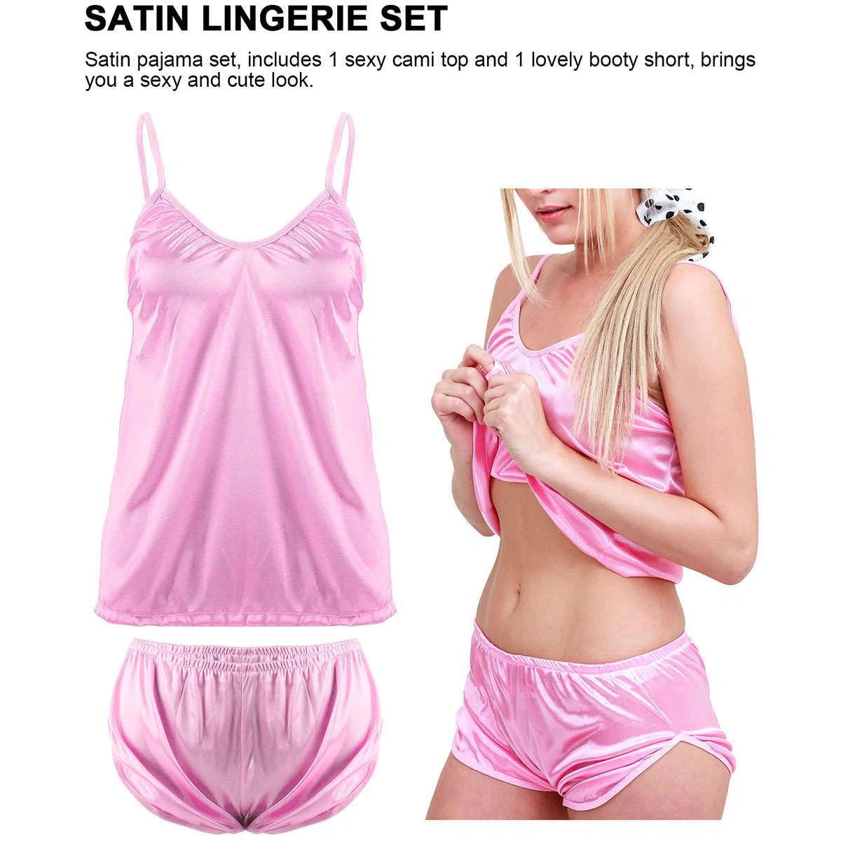 Womens Silk Satin Pajamas Set Sexy-Lingerie Sleepwear Babydoll Nightwear Pjs Set