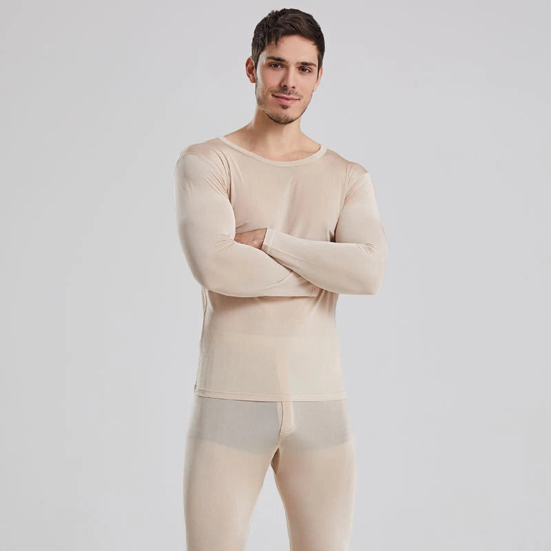 Men 100% Mulberry Silk Thermal Underwear Pajama Set Long Johns Base Layer Sets
