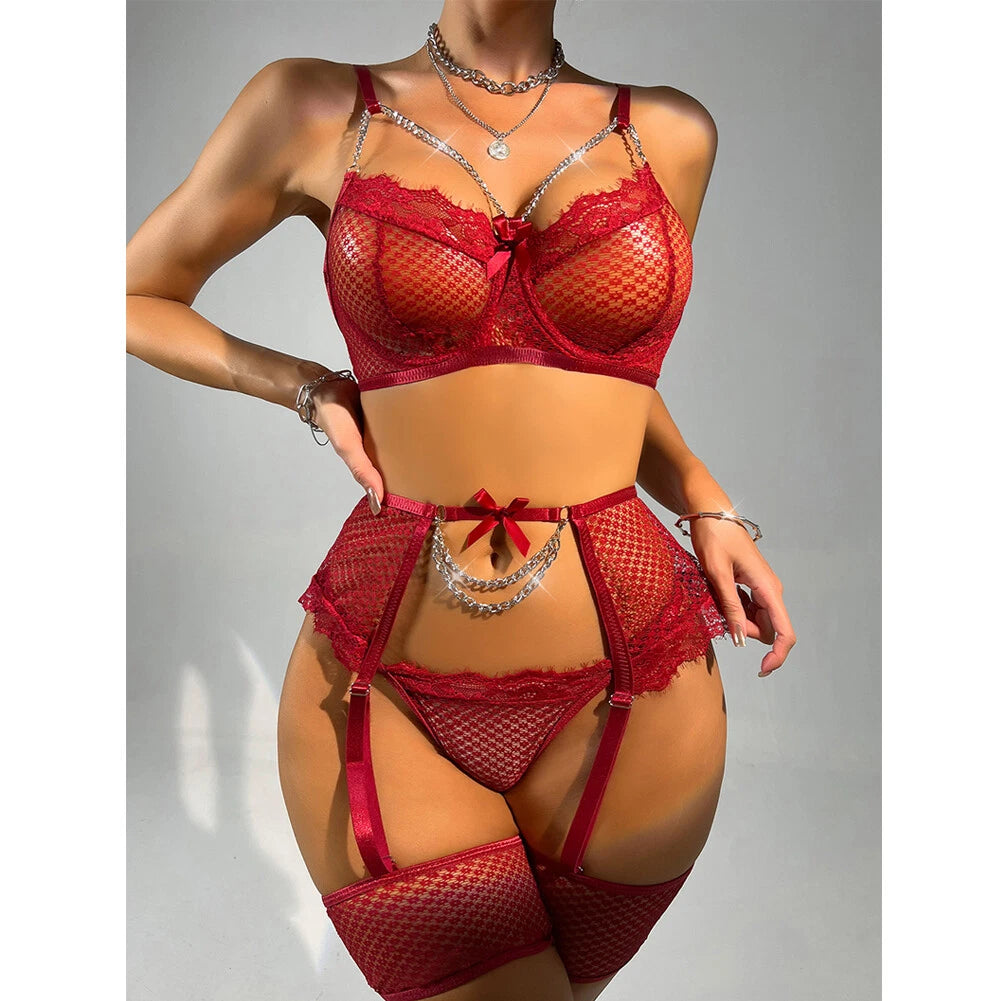 Sexy Women Lace Lingerie Bra G-String Set Fishnet Nightwear Babydoll Sleepwear