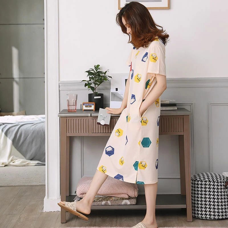 Summer Women's Sleep Shirt Dress Short Sleeve Cotton Casual Nightwear Pajama Set