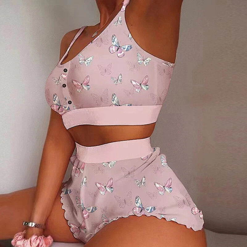 Womens Lingerie Floral Printing Sexy Pajamas Set Soft Leisure Vest Crop Shorts
