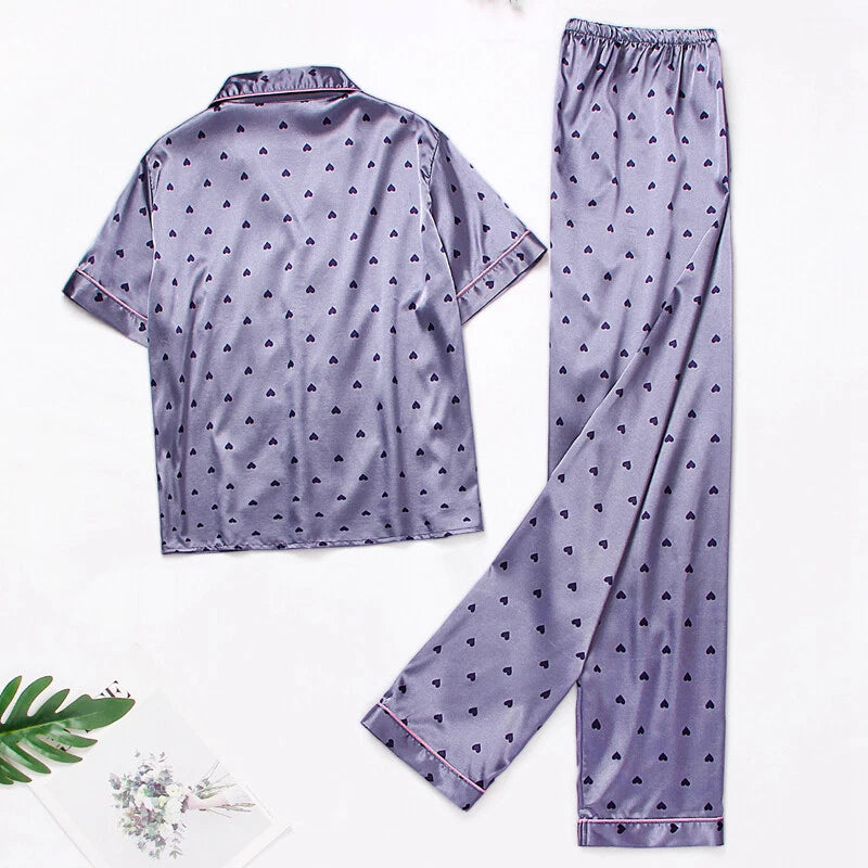 Women's Silk Satin Pajamas Set Short Sleeve Print Sleepwear Nightwear Pyjamas PJ