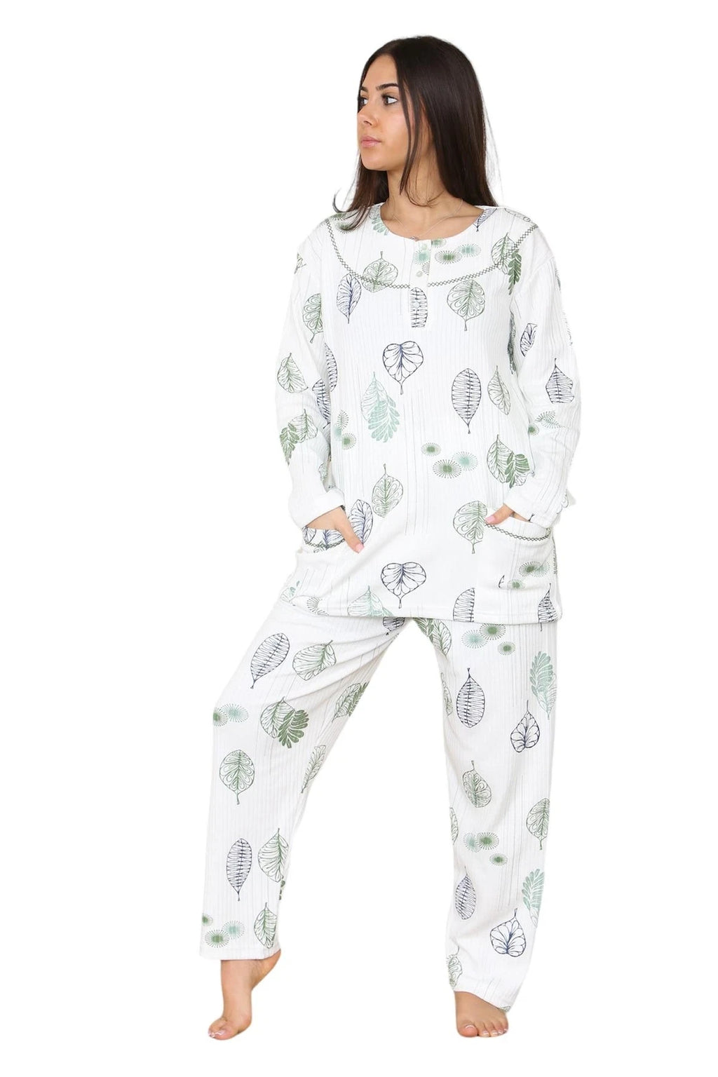 Womens Cotton Pyjamas Set Long Sleeve Leaf Print Thermal Loungewear Nightwear UK