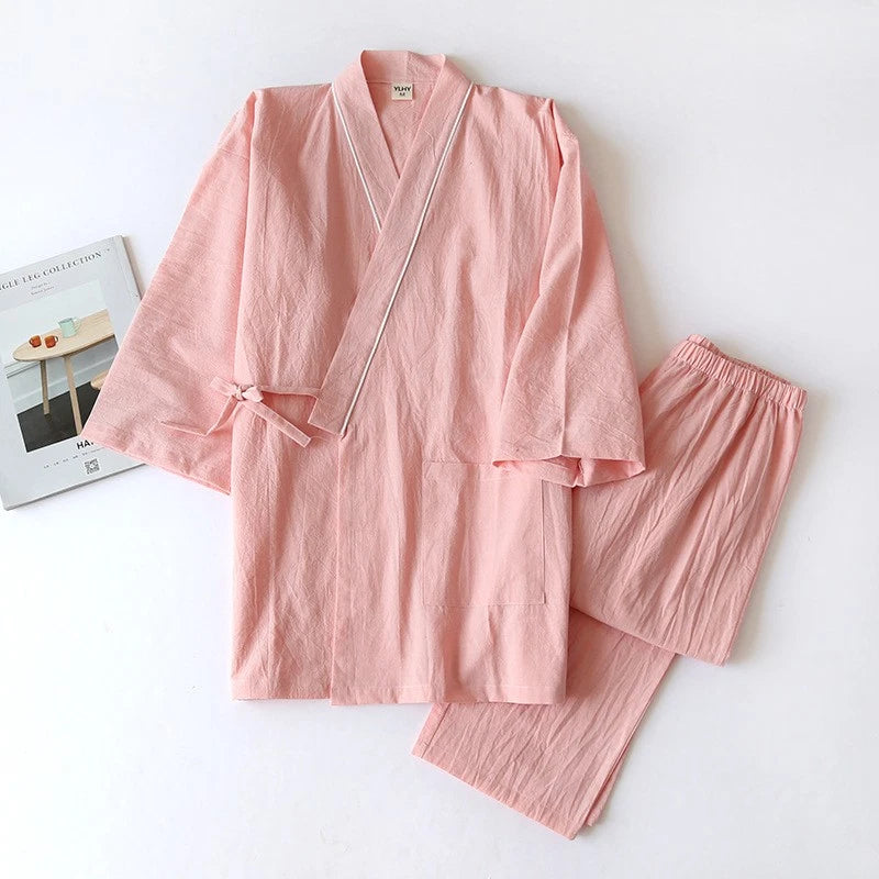 Women 100% Cotton Pajamas Japanese Kimono Robe Top+Pants Sleepwear Nightgown Set