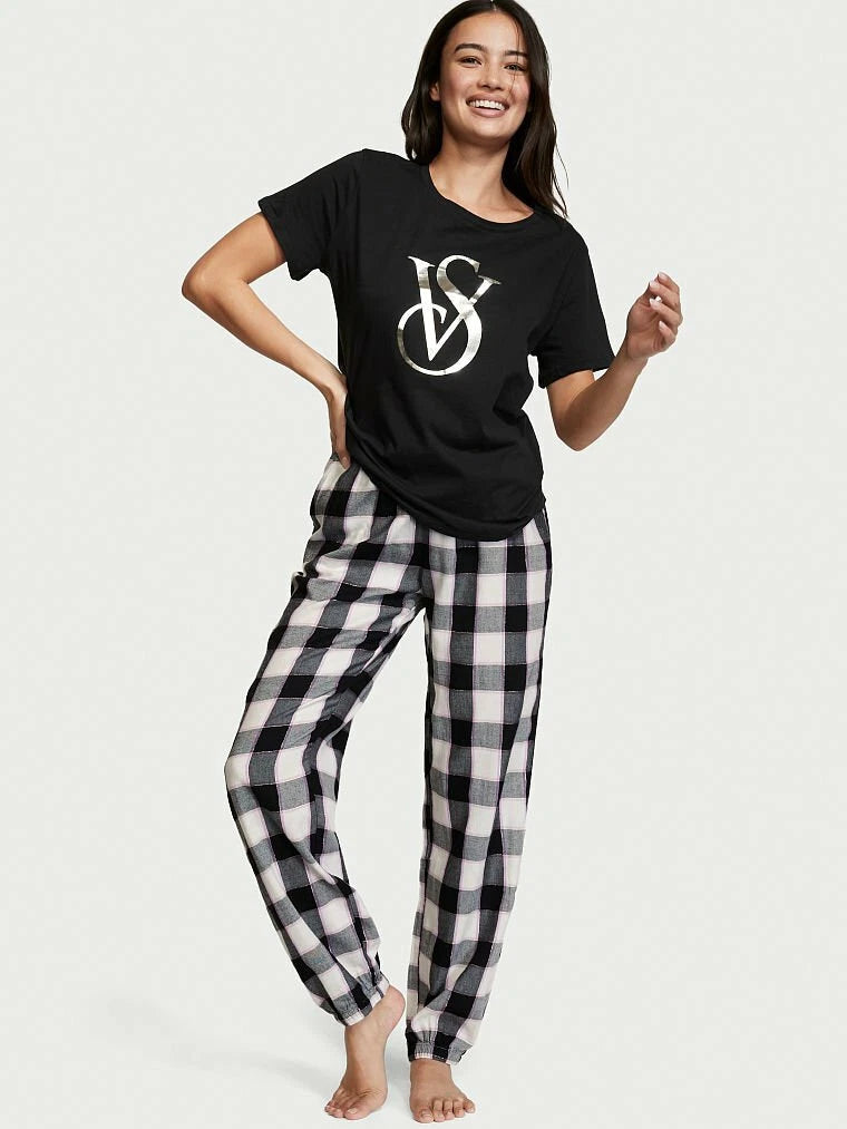Victoria's Secret Flannel Jogger Tee-Jama Logo Black Plaid XS, S, M, L Sold-Out
