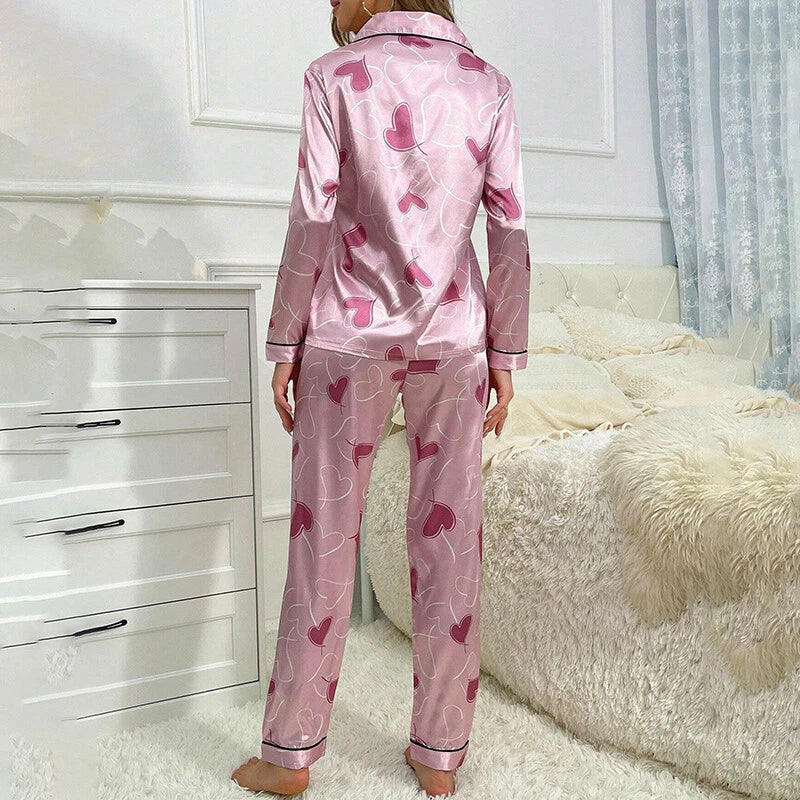 Women Silk Satin Pajamas Set Long Sleeve Button-Down Sleepwear Loungewear Charm