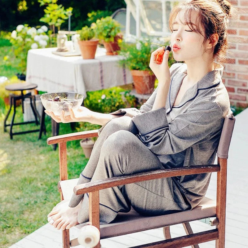 2PCS Pajama Sets Women Long Sleeve Solid Loose Breathable Soft Lady Suit Womens