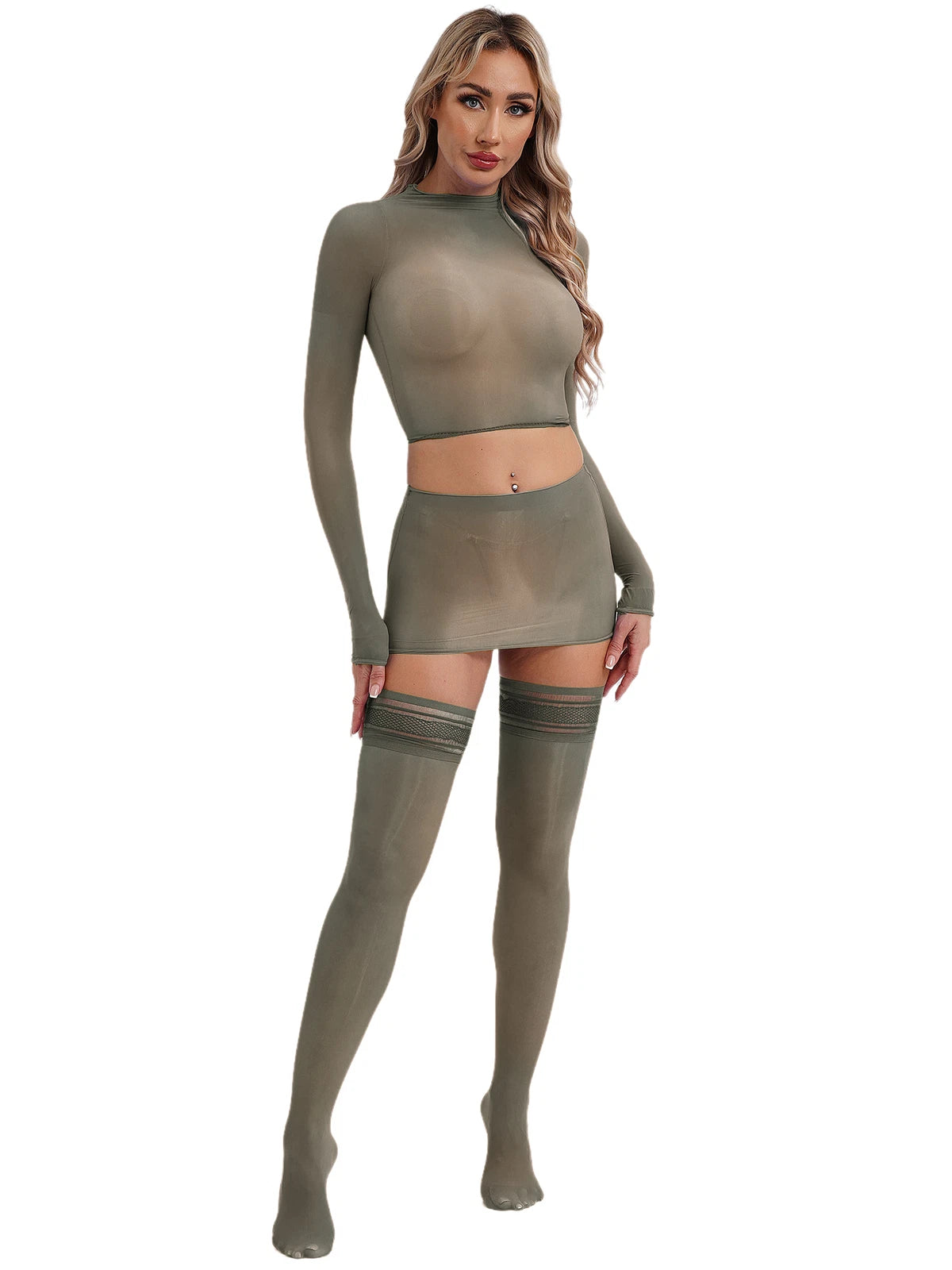 Womens Crop Top And Skirt With Stockings Round Neck Nightwear Tempting Glossy