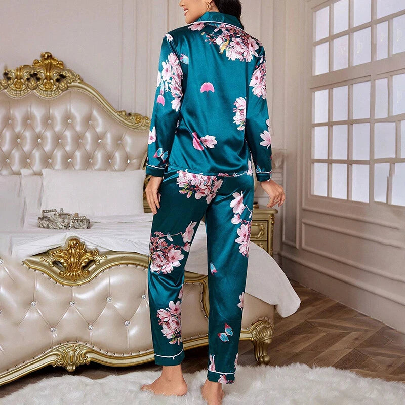 Women Silk Satin Pajamas Set Long Sleeve Button-Down Sleepwear Loungewear Charm