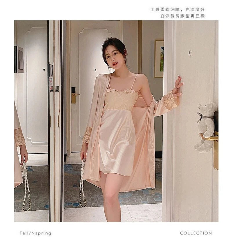 2023 Women's summer short sleeved thin satin pajama robe 2-piece set