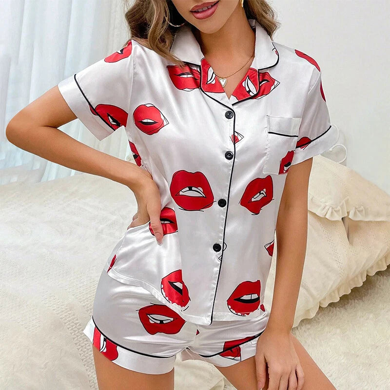 Women's Short Sleeve Silk Pajamas Set Print Satin Sleepwear Homewear Nightwear