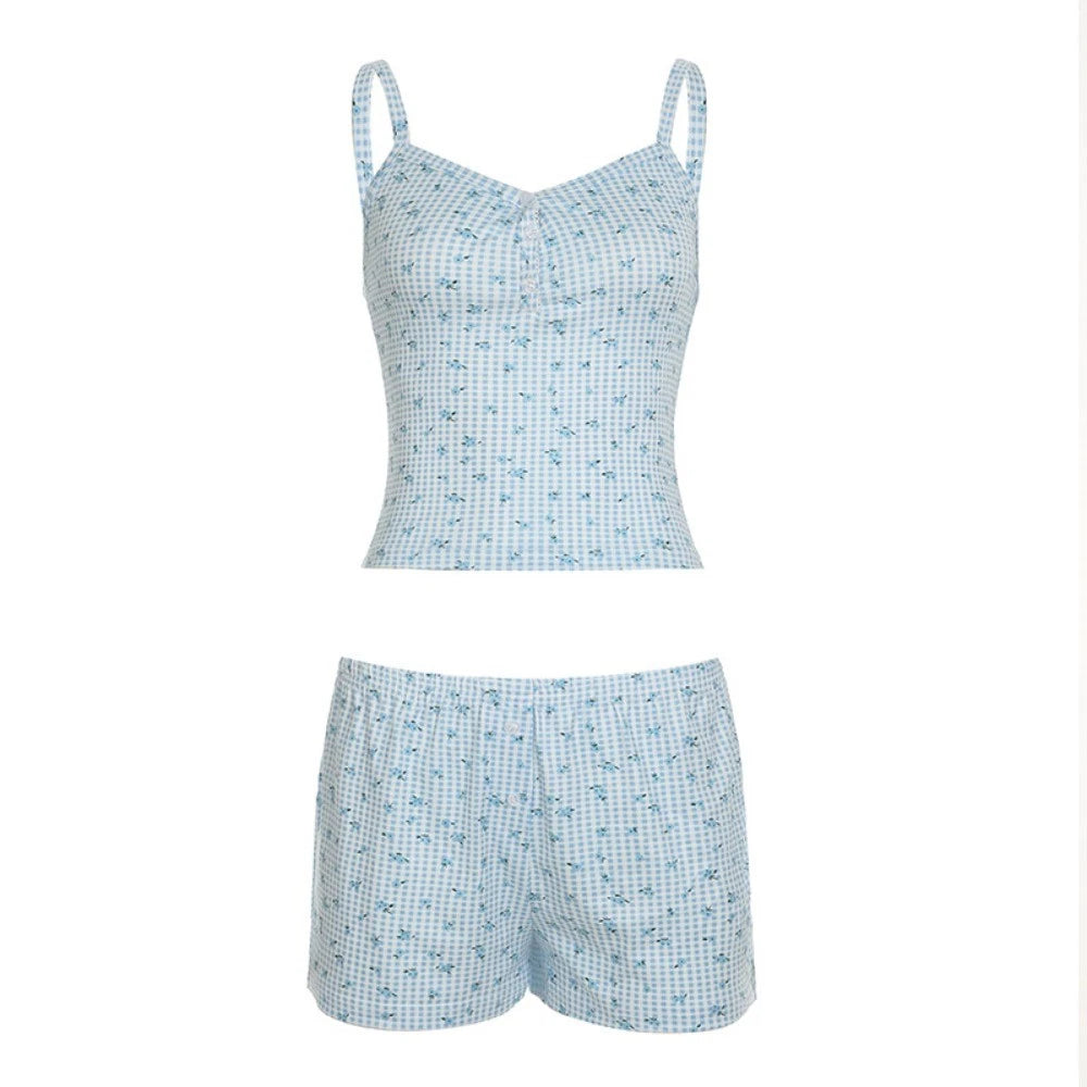 Floral Two Piece Sleepwear Plaid Summer Nightdress Women Summer-