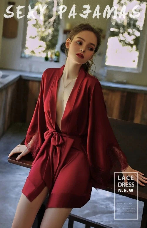 Sexy Robe with Lace Satin Women Nightgown Bathrobe Gown Nightdress Gown Home