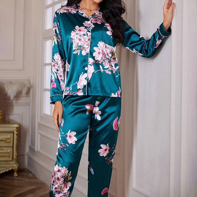 Women Silk Satin Pajamas Set Long Sleeve Button-Down Sleepwear Loungewear Charm