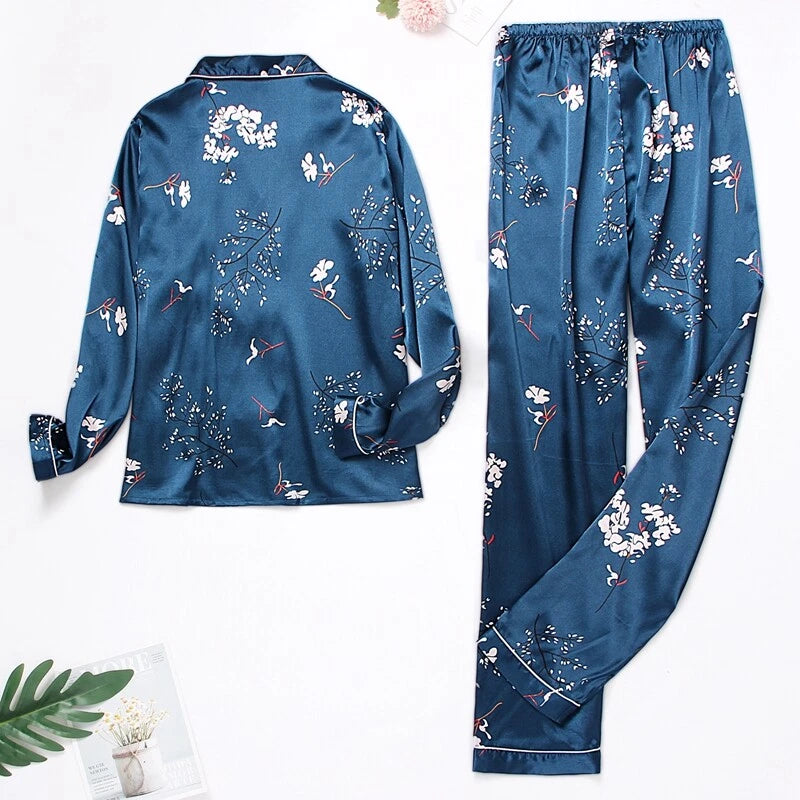 Women Silk Satin Pajamas Set Long Sleeve Button-Down Sleepwear Loungewear Charm