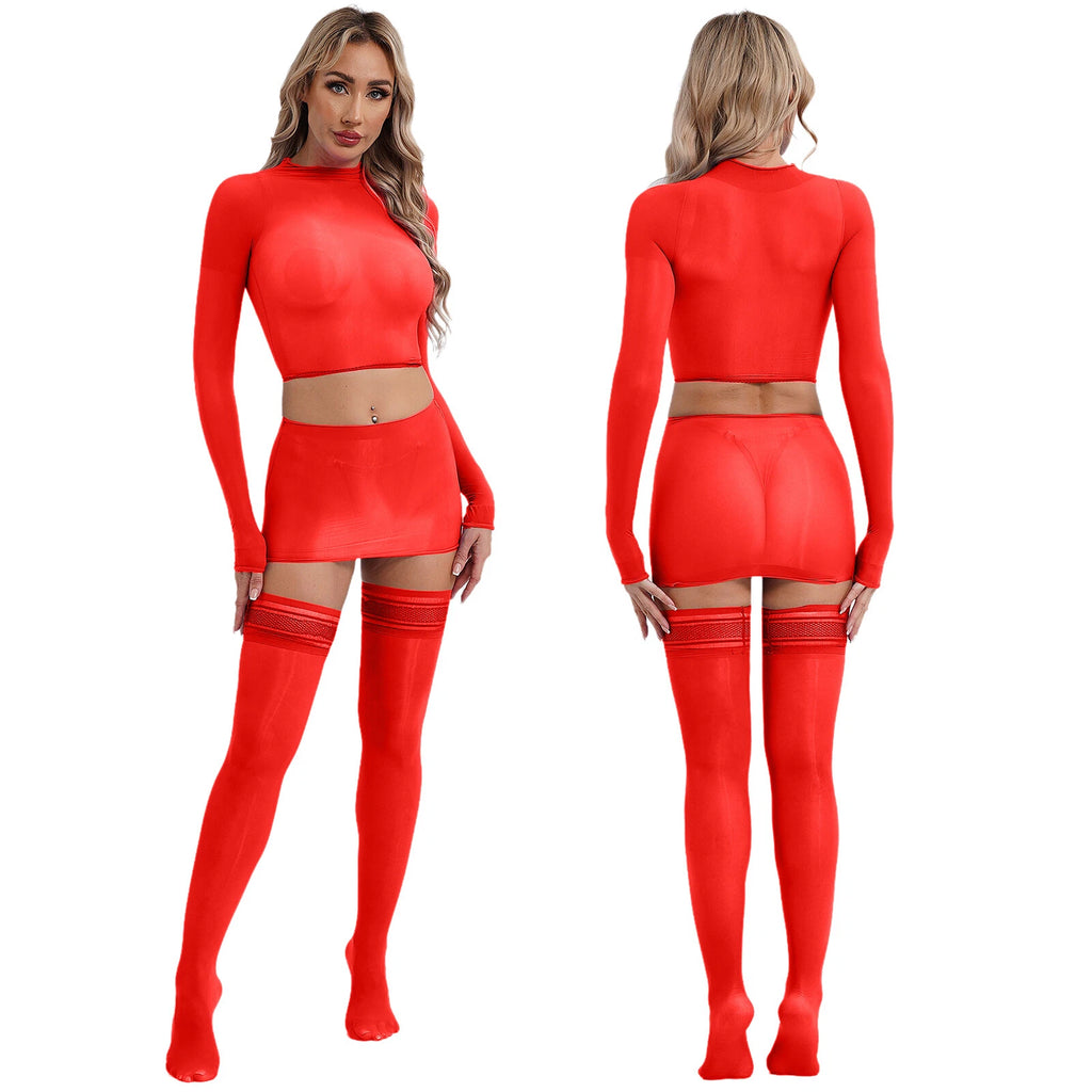 Womens Crop Top And Skirt With Stockings Round Neck Nightwear Tempting Glossy