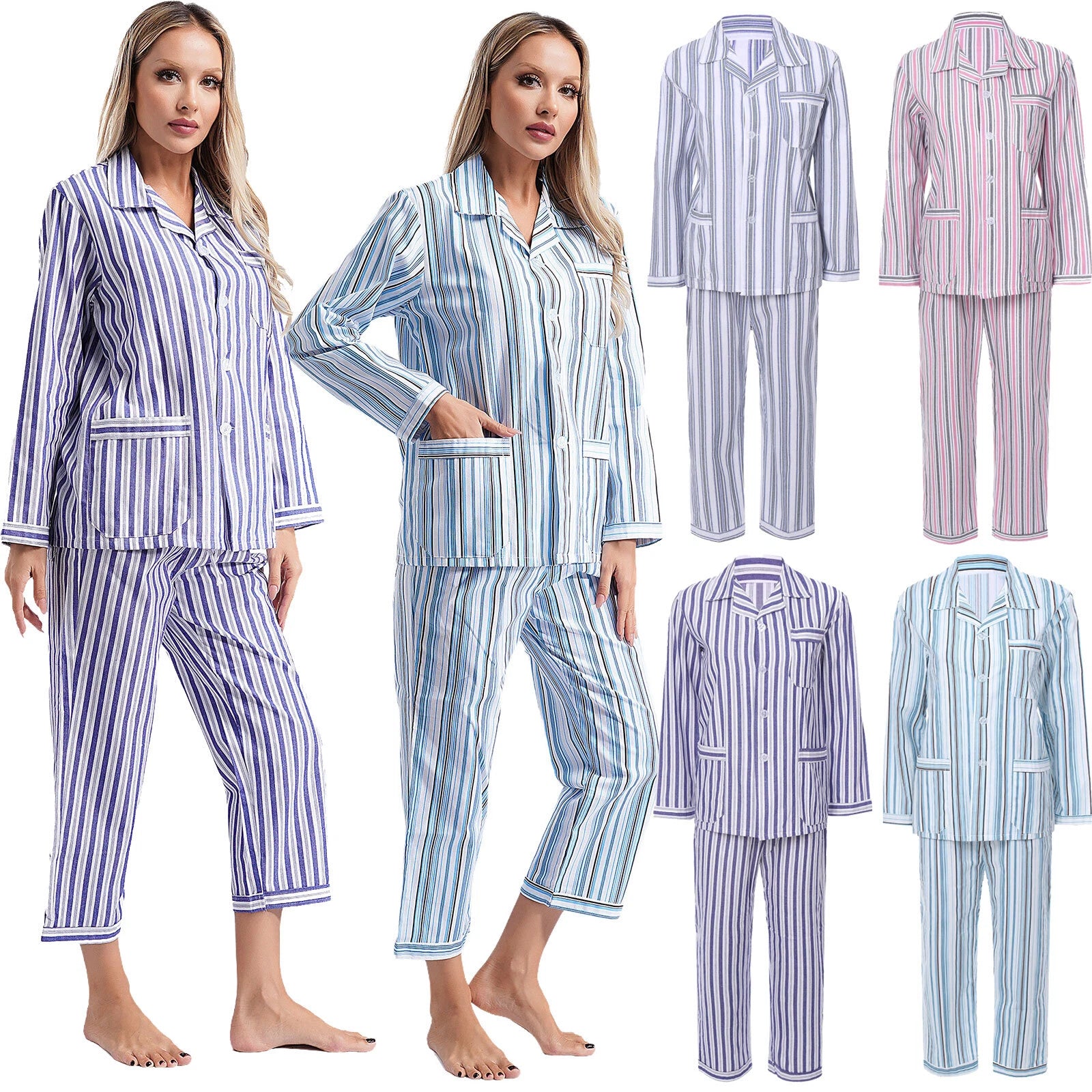 Womens Sleepwear Casual Loungewear Multiple Pockets Pajama Set Button Down Soft