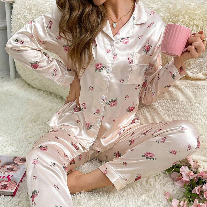 Women Silk Satin Pajamas Set Long Sleeve Button-Down Sleepwear Loungewear Charm