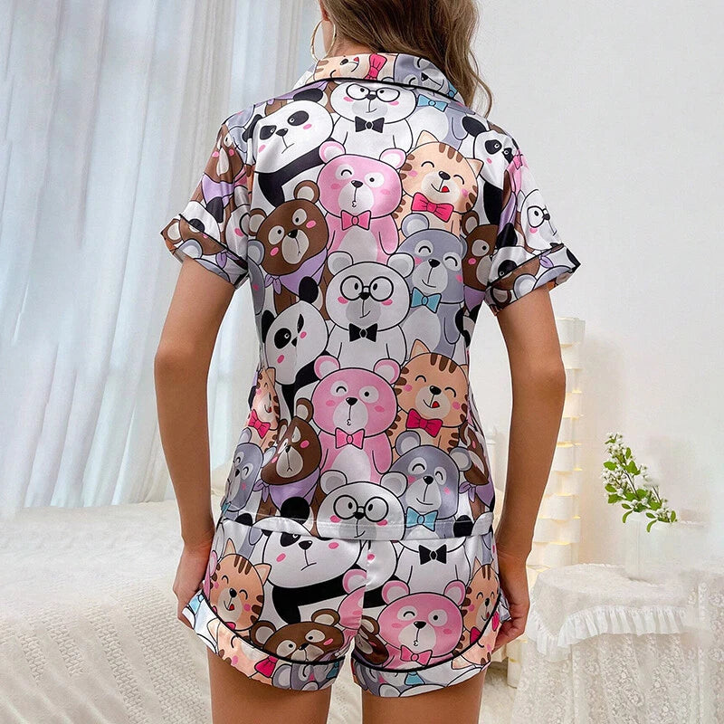 Women's Short Sleeve Silk Pajamas Set Print Satin Sleepwear Homewear Nightwear